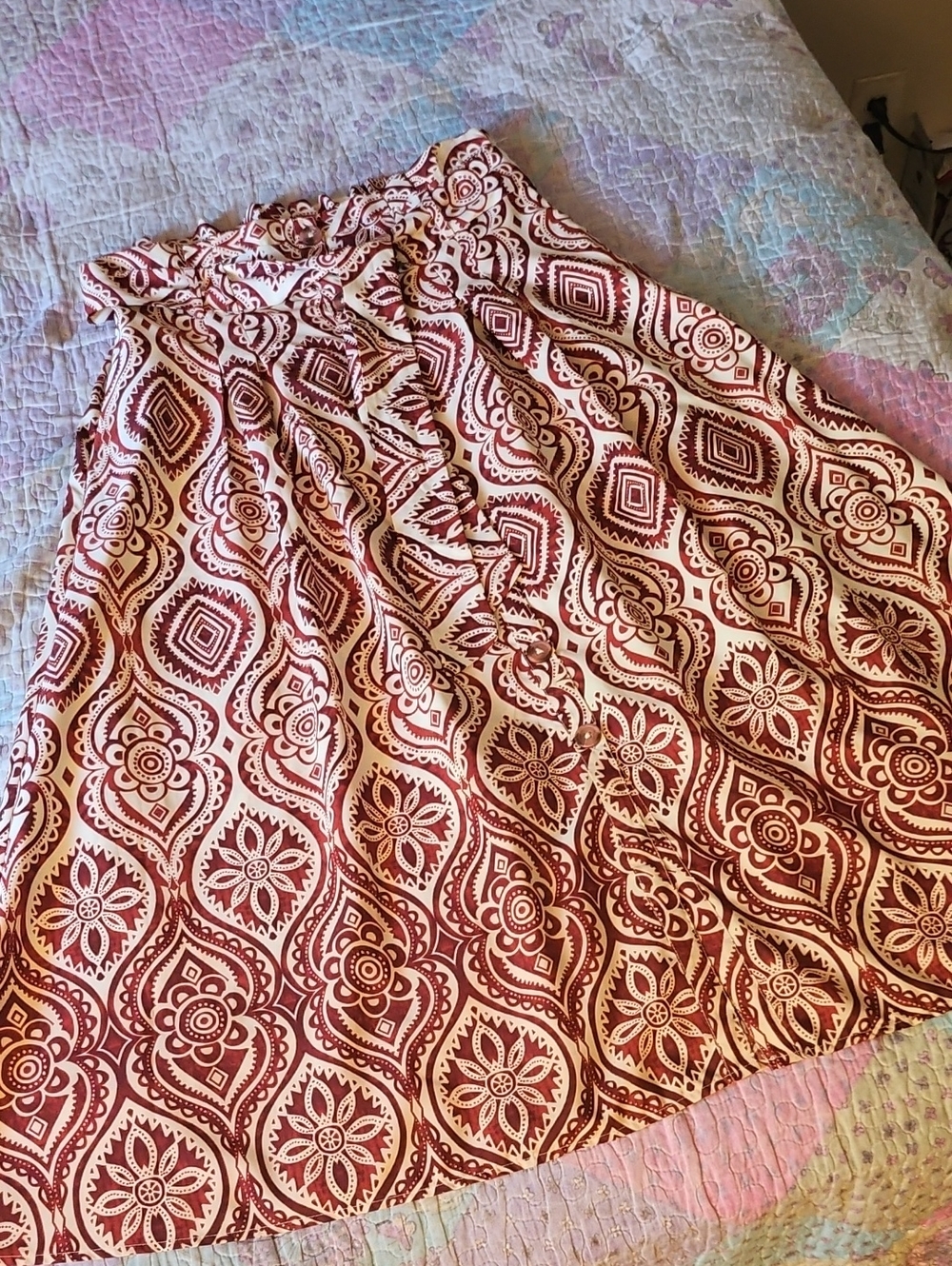 Women's Red and Cream Patterned A-Line Skirt